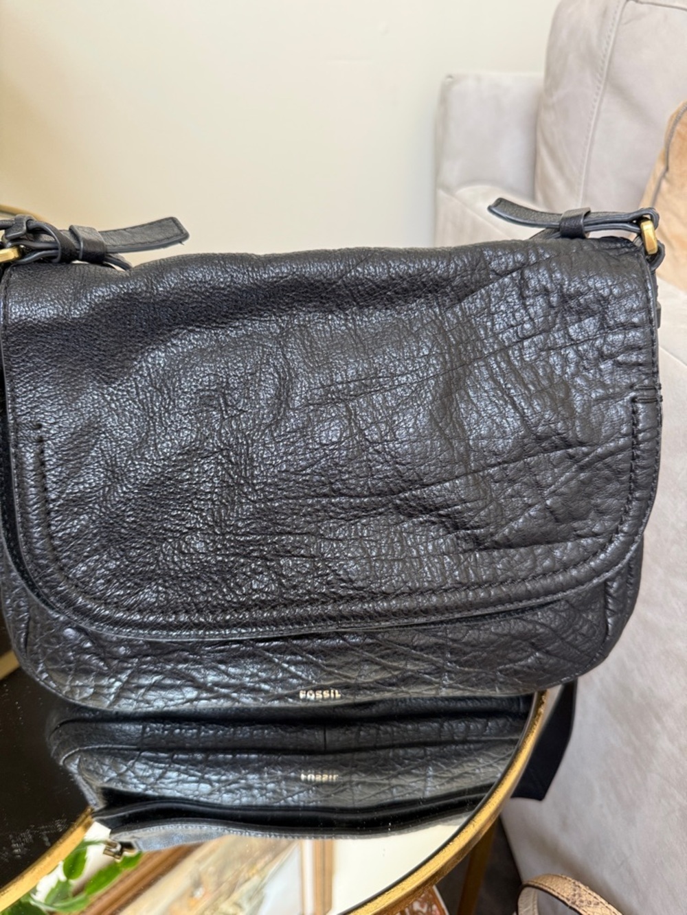 Fossil Peyton Black Leather Double Flap Crossbody Bag